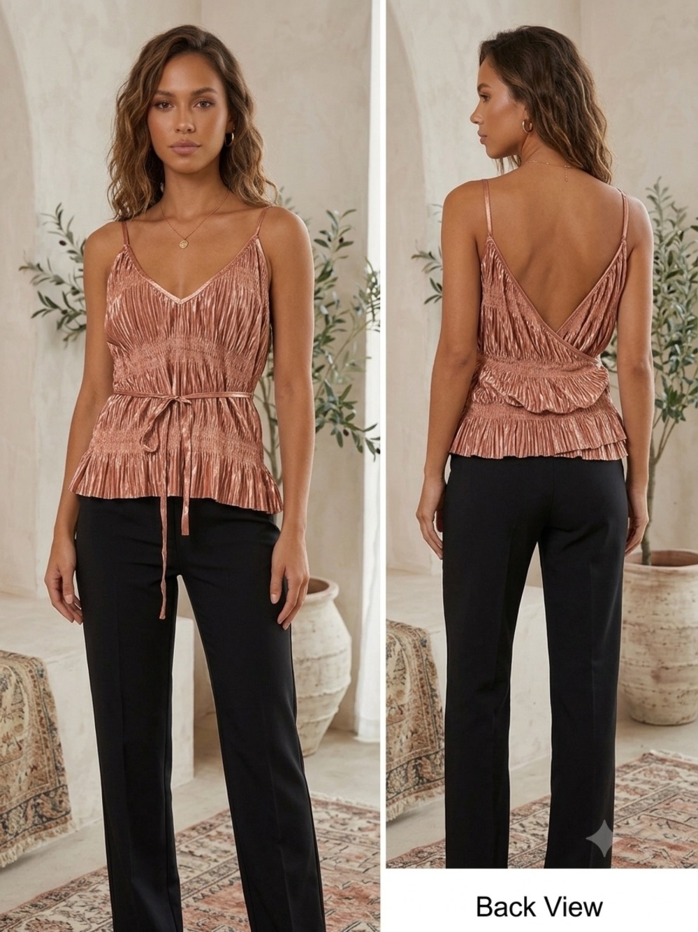 Zara Pleated V-Neck Cami Top in Rose Copper